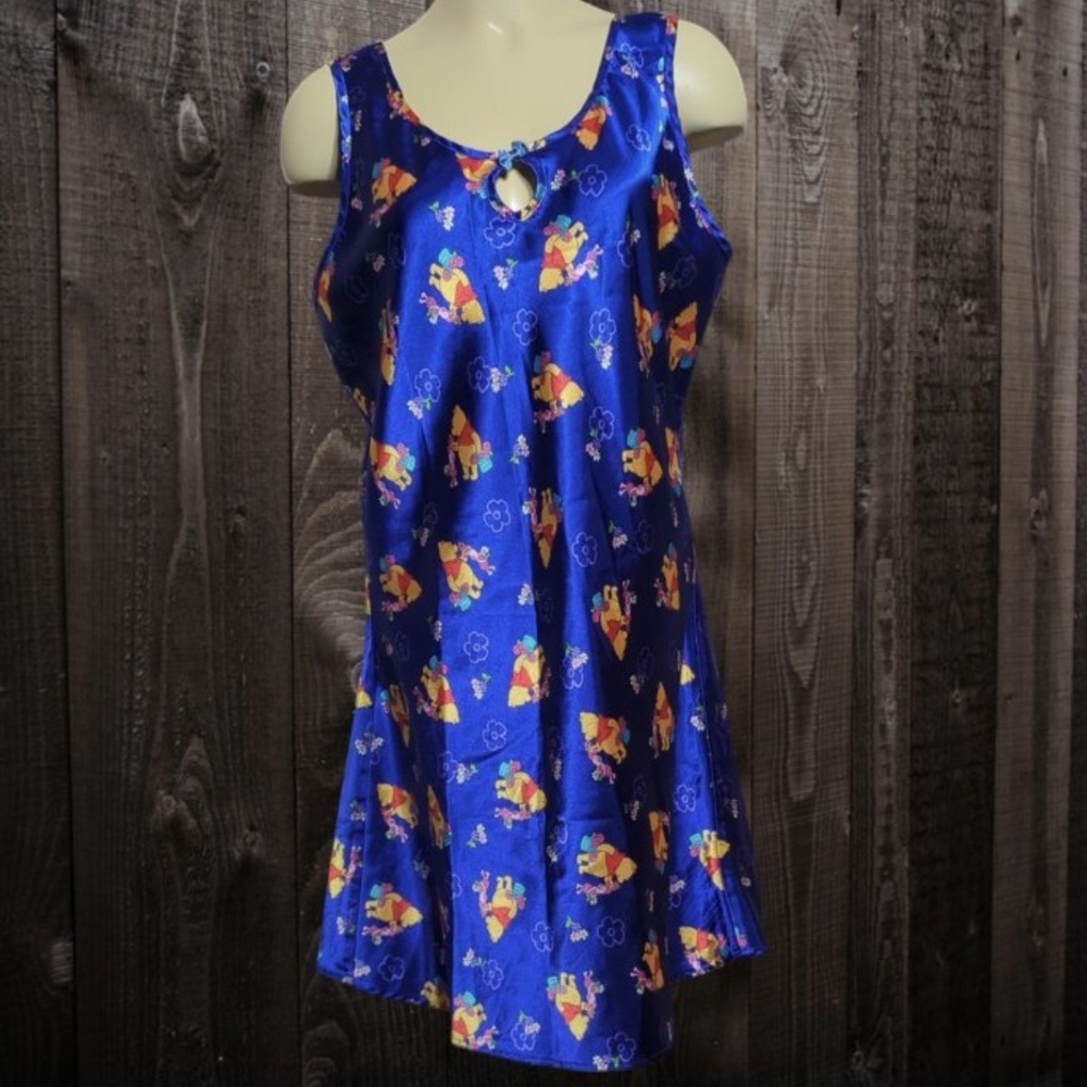 Vintage Women's Disney Winnie the Pooh  Piglet Satin Nightgown Blue Floral Larg